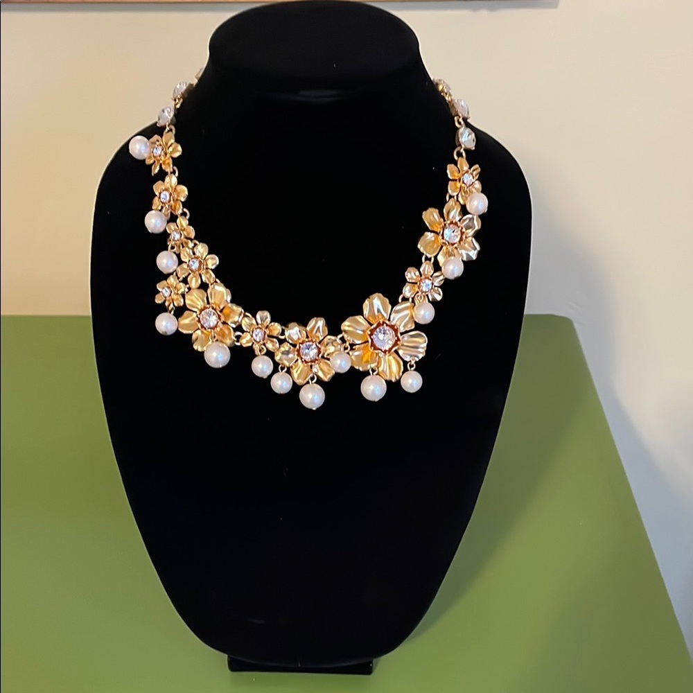 J. Crew Elegant Gold, Crystal and Pearl Floral Necklace